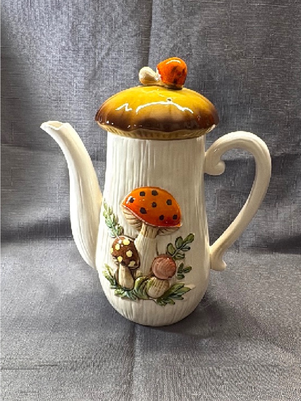 Hand-Painted Mushroom Ceramic Coffee Pot - White with Orange Accents